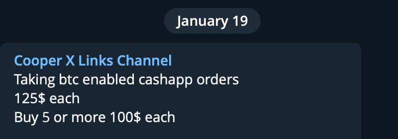 CashApp Account Sale in a Telegram group chat